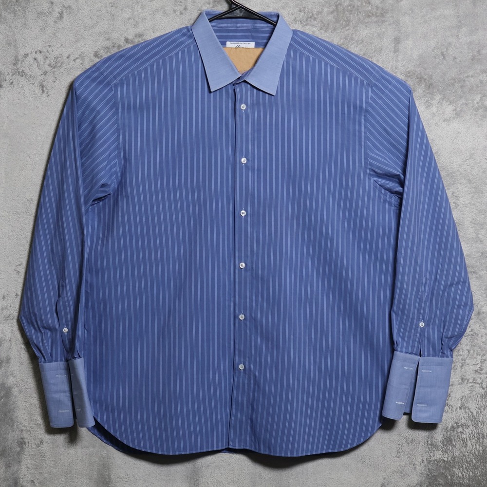 Brioni Dress Shirt Mens Large Blue Striped French Cuff Designer Made in Italy